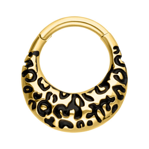 Goldener Septum Clicker mit schwarzem Leopardenmuster auf weißem Hintergrund