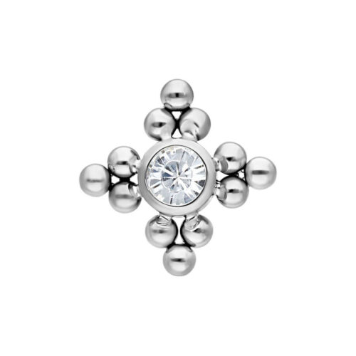 Silberner Titan-Aufsatz mit kristallklarem Stein und Kugeln auf weißem Hintergrund