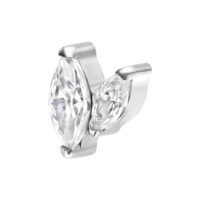 Silberner Titanaufsatz mit zwei klaren Marquise-Kristallen auf weißem Hintergrund