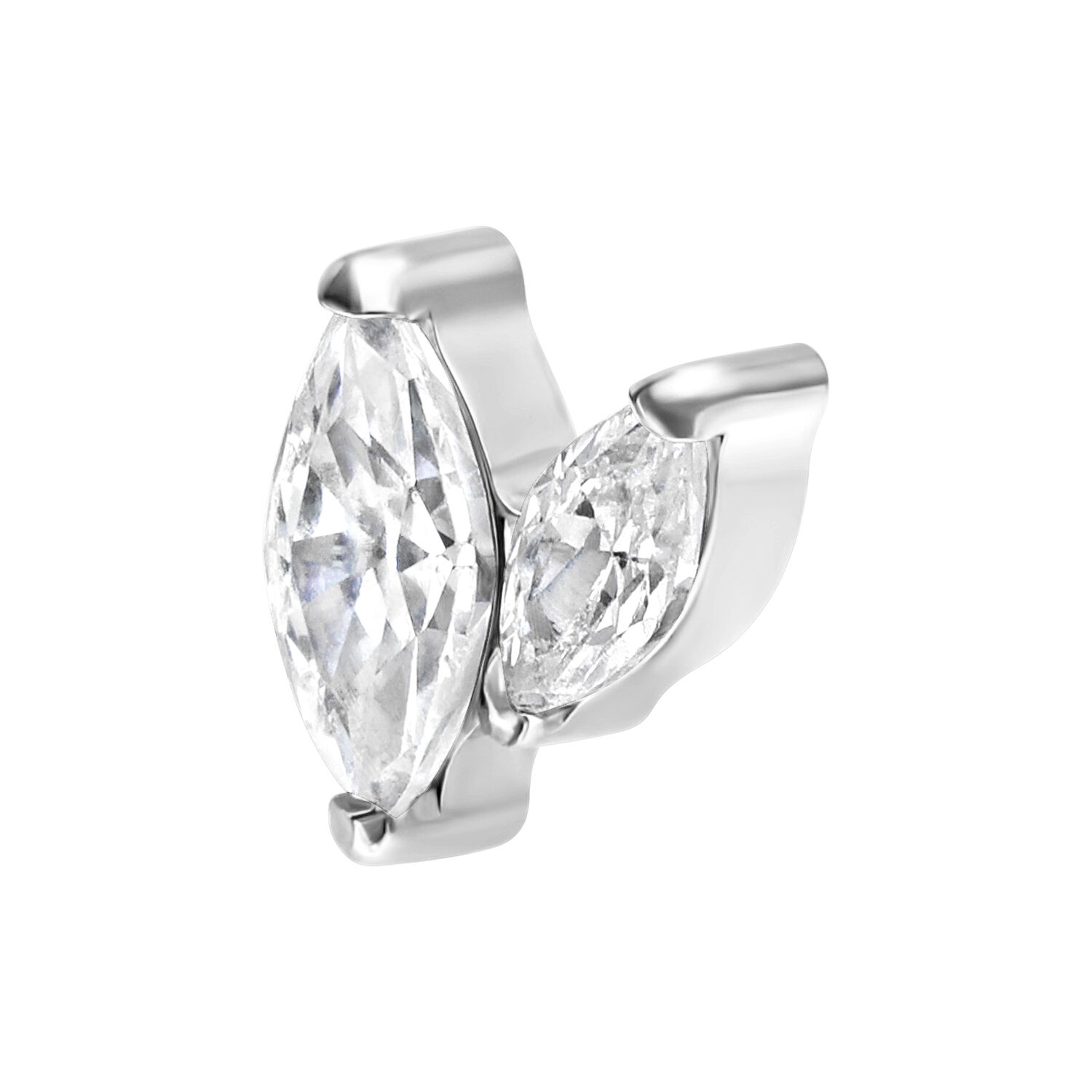 Silberner Titanaufsatz mit zwei klaren Marquise-Kristallen auf weißem Hintergrund