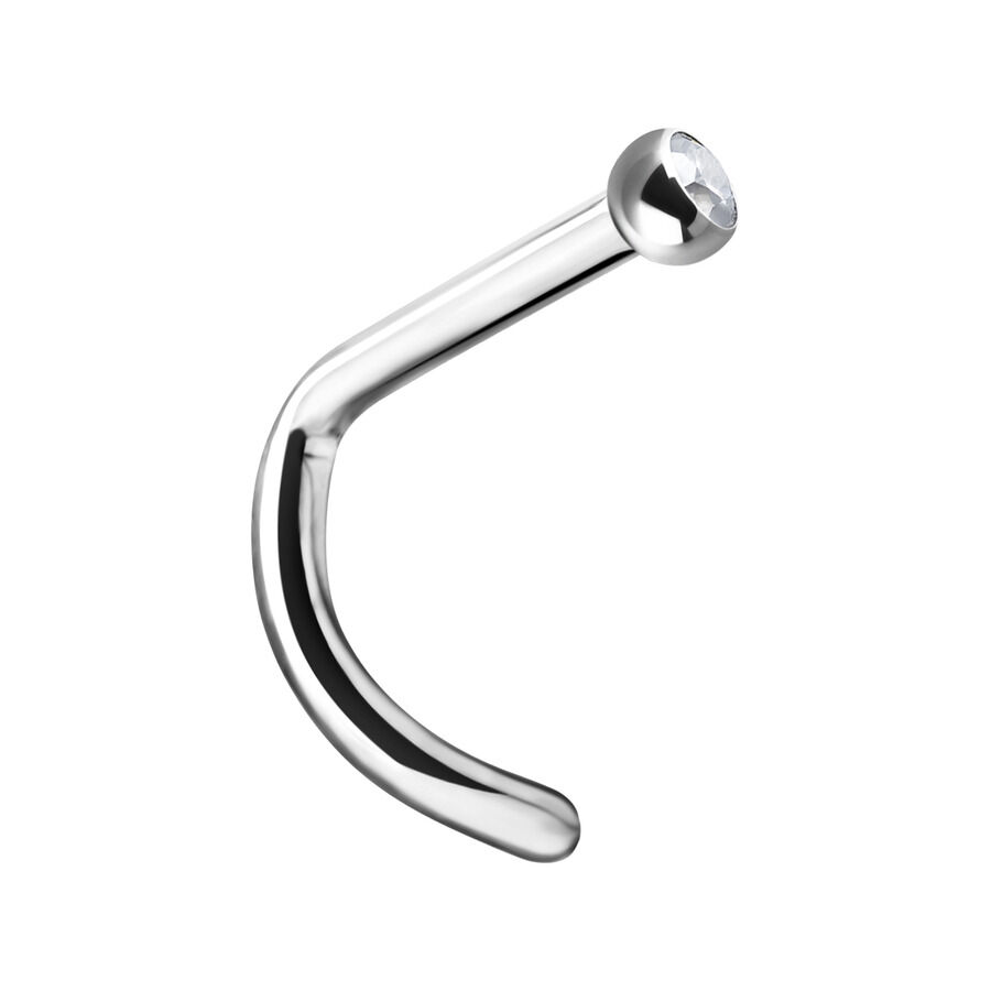 Silberner Nasenstecker aus Titan mit klarem Kristall auf weißem Hintergrund