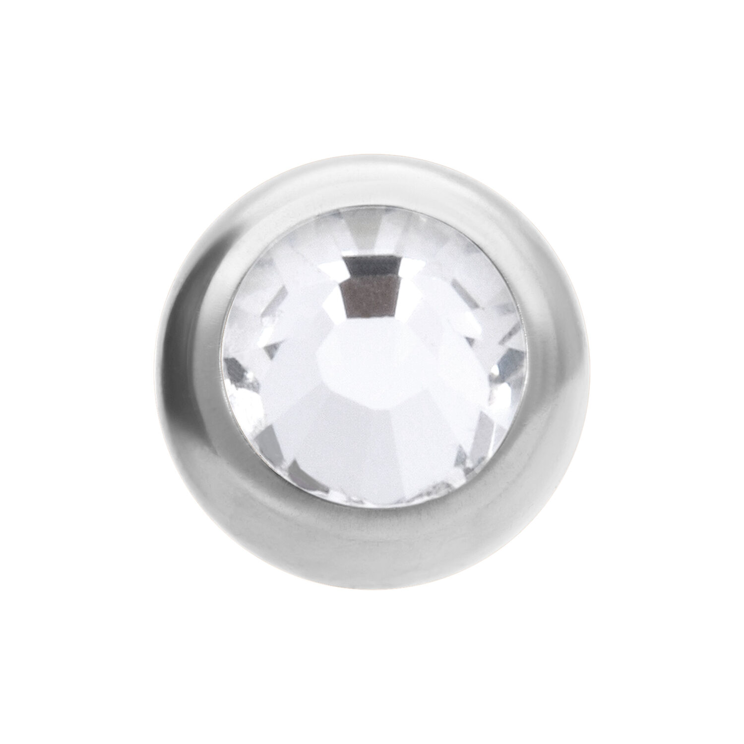 Silberne Schmuckkugel mit facettiertem, kristallklarem Stein auf weißem Hintergrund