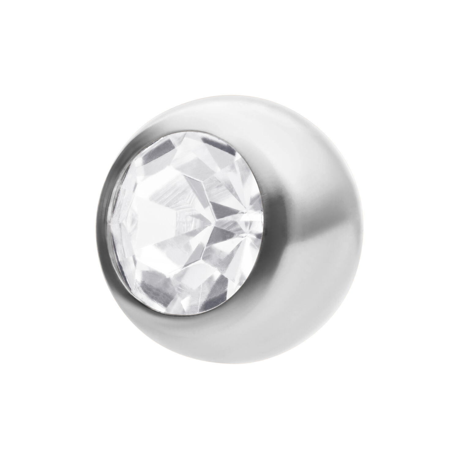 Silberne Titan-Kugel mit kristallklarem Facettenstein auf weißem Hintergrund