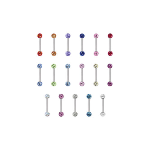 Verschiedene farbige Piercing Stäbe mit Kristallen auf weißem Hintergrund