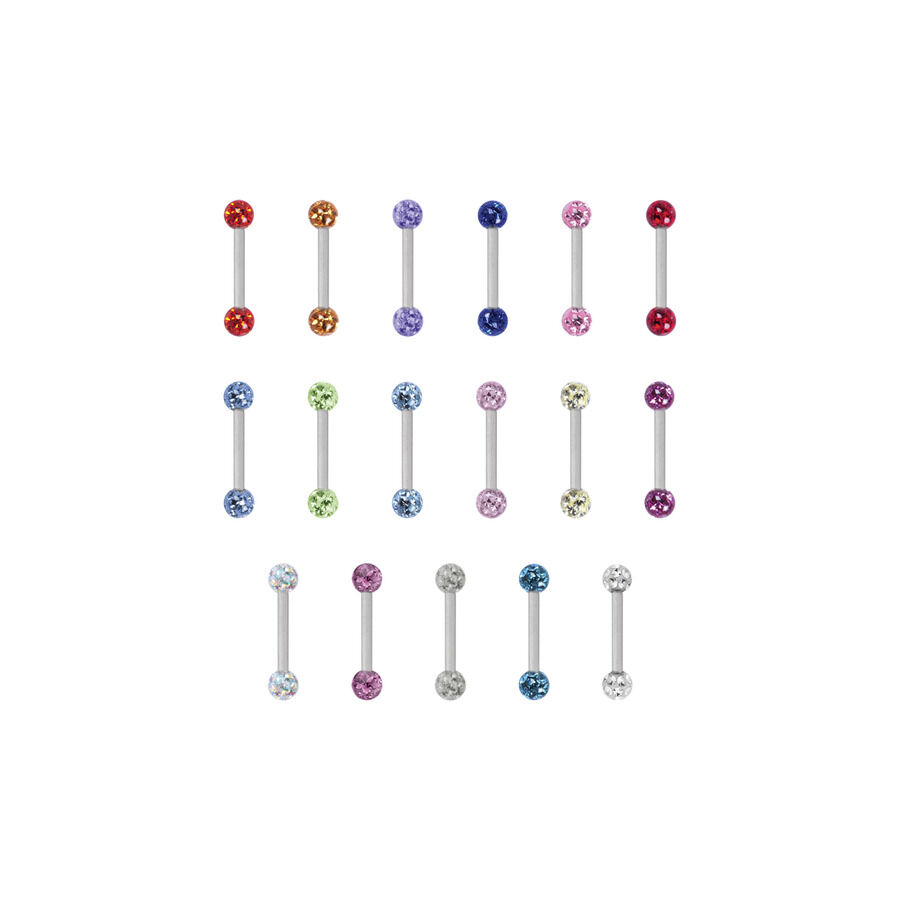 Verschiedene farbige Piercing Stäbe mit Kristallen auf weißem Hintergrund