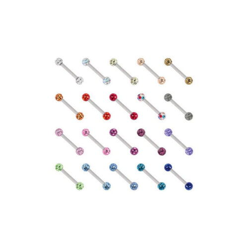 Mehrfarbige Titan Barbells mit Kristallkugeln auf weißem Hintergrund