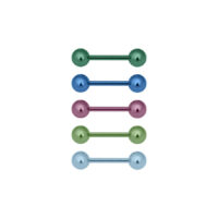 Fünf Titan Barbells in Hellgrün, Dunkelblau, Violett, Dunkelgrün und Hellblau auf weißem Hintergrund