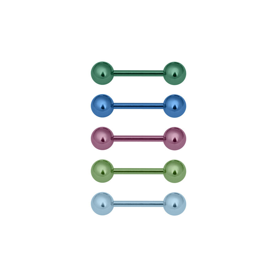 Fünf Titan Barbells in Hellgrün, Dunkelblau, Violett, Dunkelgrün und Hellblau auf weißem Hintergrund